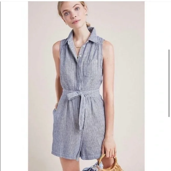 Anthropologie Blue White Striped Linen Blend Belted Romper - Picture 2 of 9